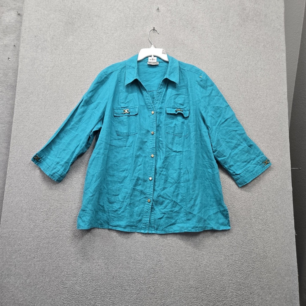 JM Collection Woman Women Button Up Shirt 2XL Blue 100% Linen Buckle Accent
